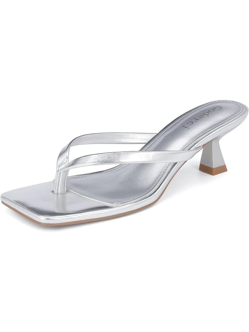 Women's Silver Square Open Toe Slip On Kitten Flip Flop Thong Low Heel Sandal